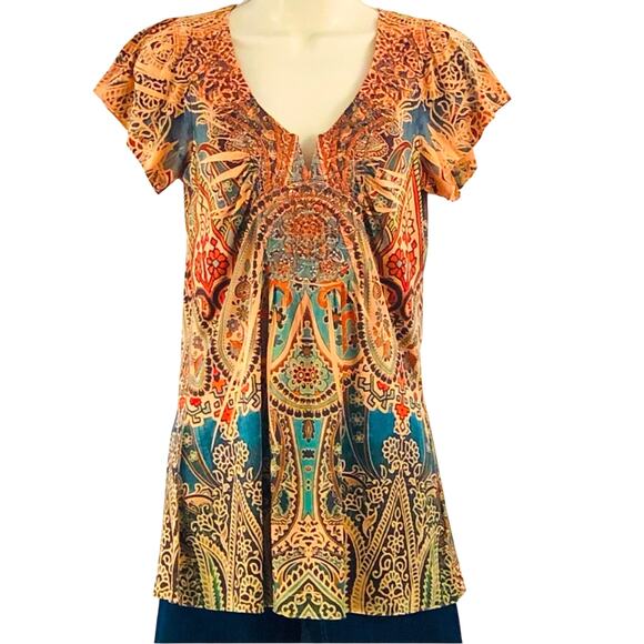 One World Flattering Multi Color Coral Paisley Pop Over Top V Neck Light Weight - Picture 1 of 16